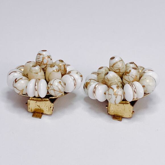 Vintage Stamped West Germany White Gold Tone Glass Bead Cluster Clip Earrings - Picture 5 of 13